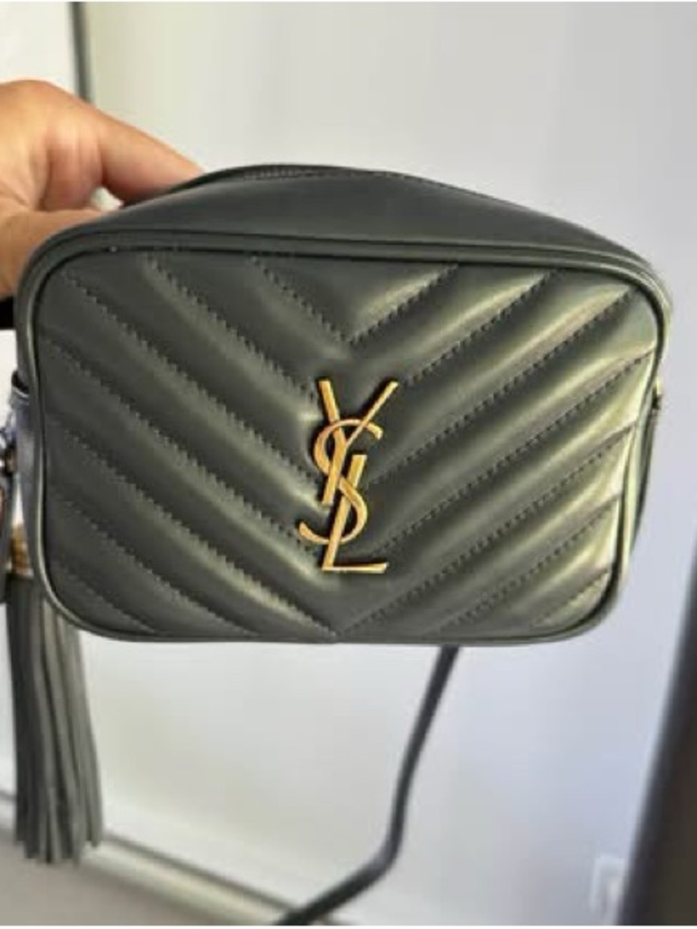 Yves Saint Laurent Black Chevron Quilted Camera Crossbody with Gold YSL Logo